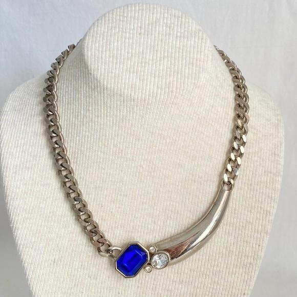 Park Lane Silver Tone Chain Necklace With Blue & Clear Stone Pendant - Picture 1 of 8